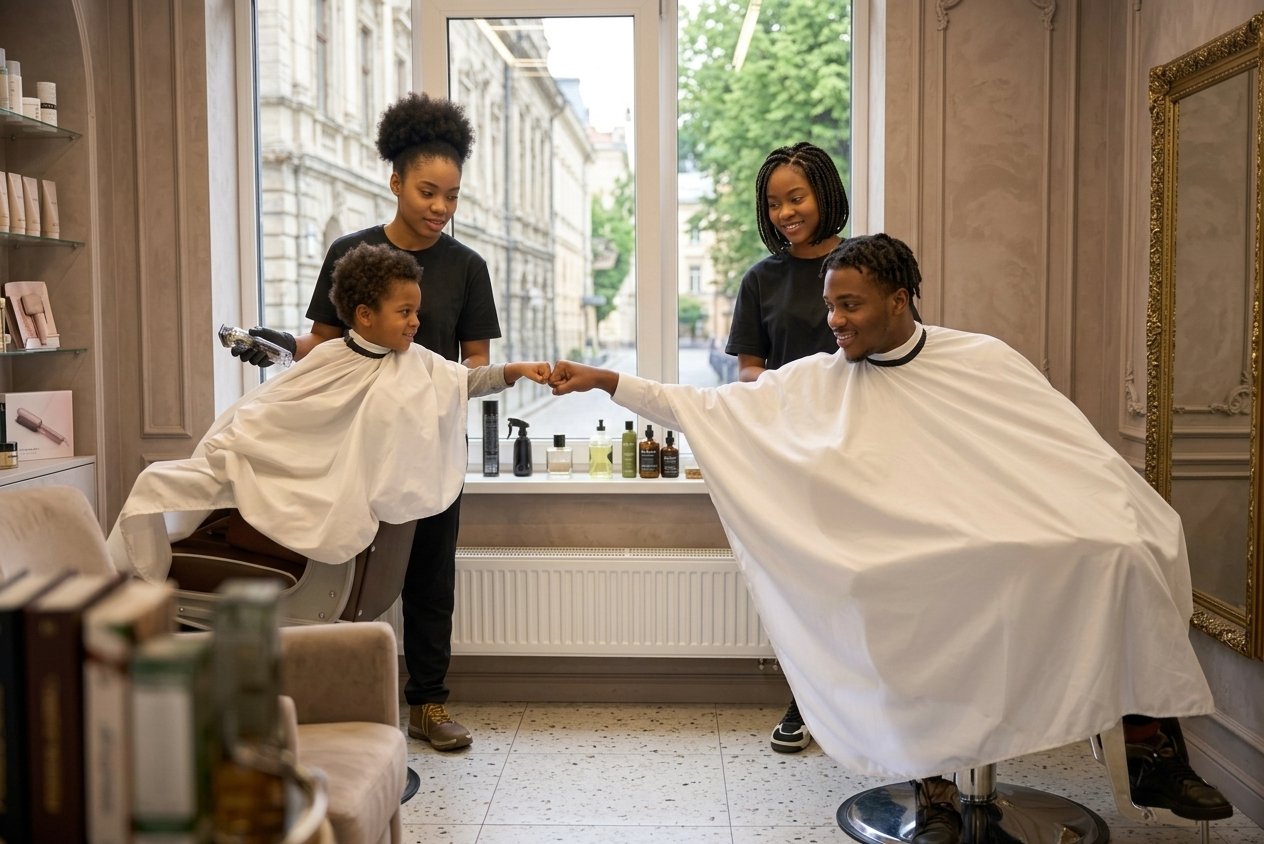Father and son enjoying a men's grooming experience